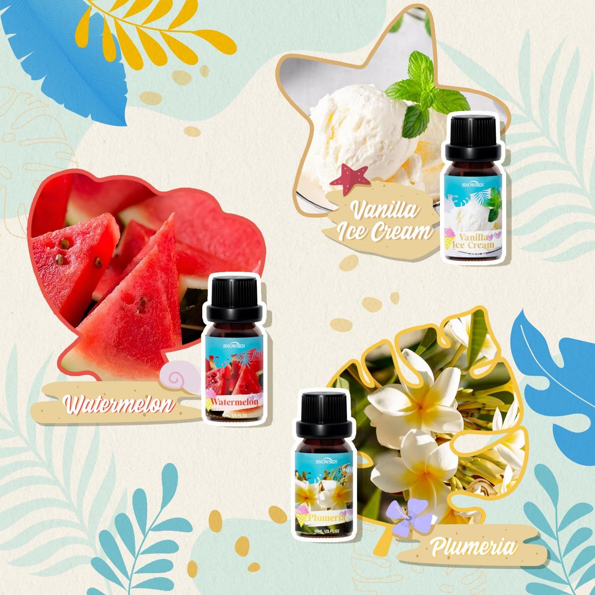SNOWSEN Sommer Ätherische Öle Set für Diffuser zu Hause Premium Duftöle - Enthält Wassermelone, Kokosnuss, Meeresbrise, Plumeria, Vanilleeis & Piña Colada, Kerzenherstellungsdüfte, 6x10ml
