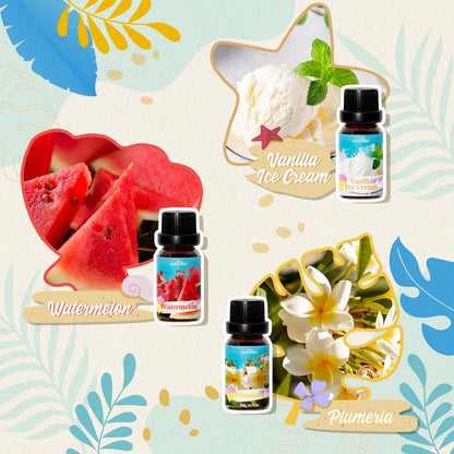 SNOWSEN Sommer Ätherische Öle Set für Diffuser zu Hause Premium Duftöle - Enthält Wassermelone, Kokosnuss, Meeresbrise, Plumeria, Vanilleeis & Piña Colada, Kerzenherstellungsdüfte, 6x10ml