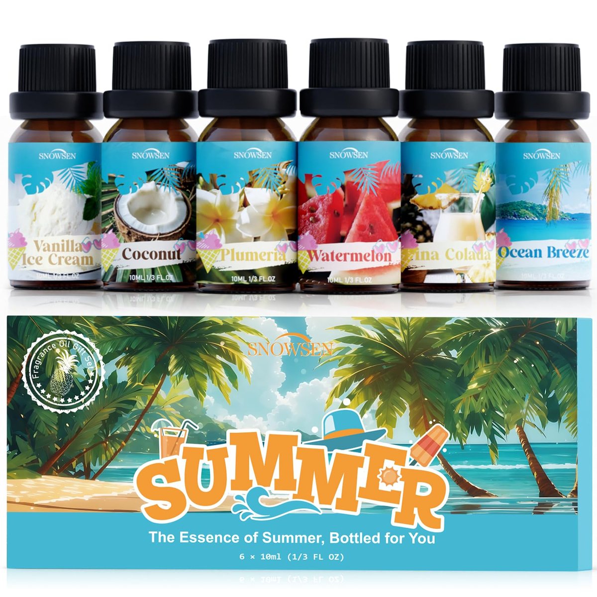SNOWSEN Sommer Ätherische Öle Set für Diffuser zu Hause Premium Duftöle - Enthält Wassermelone, Kokosnuss, Meeresbrise, Plumeria, Vanilleeis & Piña Colada, Kerzenherstellungsdüfte, 6x10ml