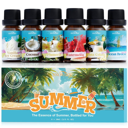 SNOWSEN Sommer Ätherische Öle Set für Diffuser zu Hause Premium Duftöle - Enthält Wassermelone, Kokosnuss, Meeresbrise, Plumeria, Vanilleeis & Piña Colada, Kerzenherstellungsdüfte, 6x10ml