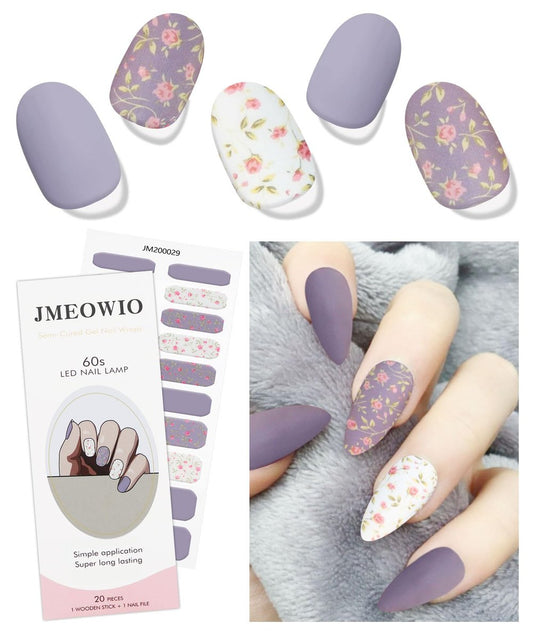 JMEOWIO Gel-Nagelaufkleber Weiß-Lila Blume Semi Cured Gel-Nagelstreifen UV/LED Nagelkunst Design Dekoration Zubehör