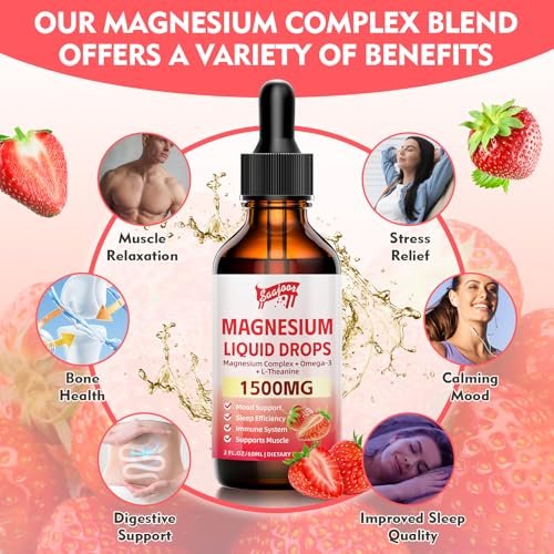 Magnesium Glycinat Flüssig, 1500mg Magnesium flüssiges Supplement mit Vitamin B6, D3, L-Theanin, Omega3, Unterstützt Nacht, Muskeln, Knochen, Stimmung, Erdbeergeschmack - 60 ml Flasche