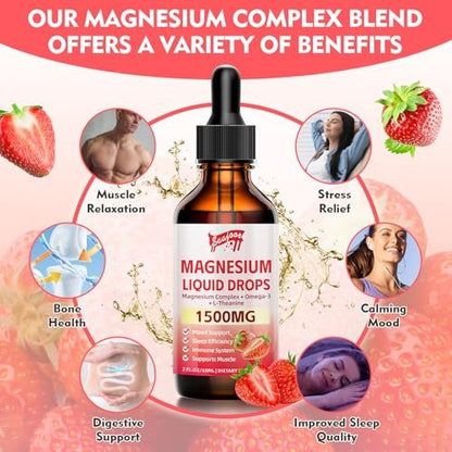 Magnesium Glycinat Flüssig, 1500mg Magnesium flüssiges Supplement mit Vitamin B6, D3, L-Theanin, Omega3, Unterstützt Nacht, Muskeln, Knochen, Stimmung, Erdbeergeschmack - 60 ml Flasche