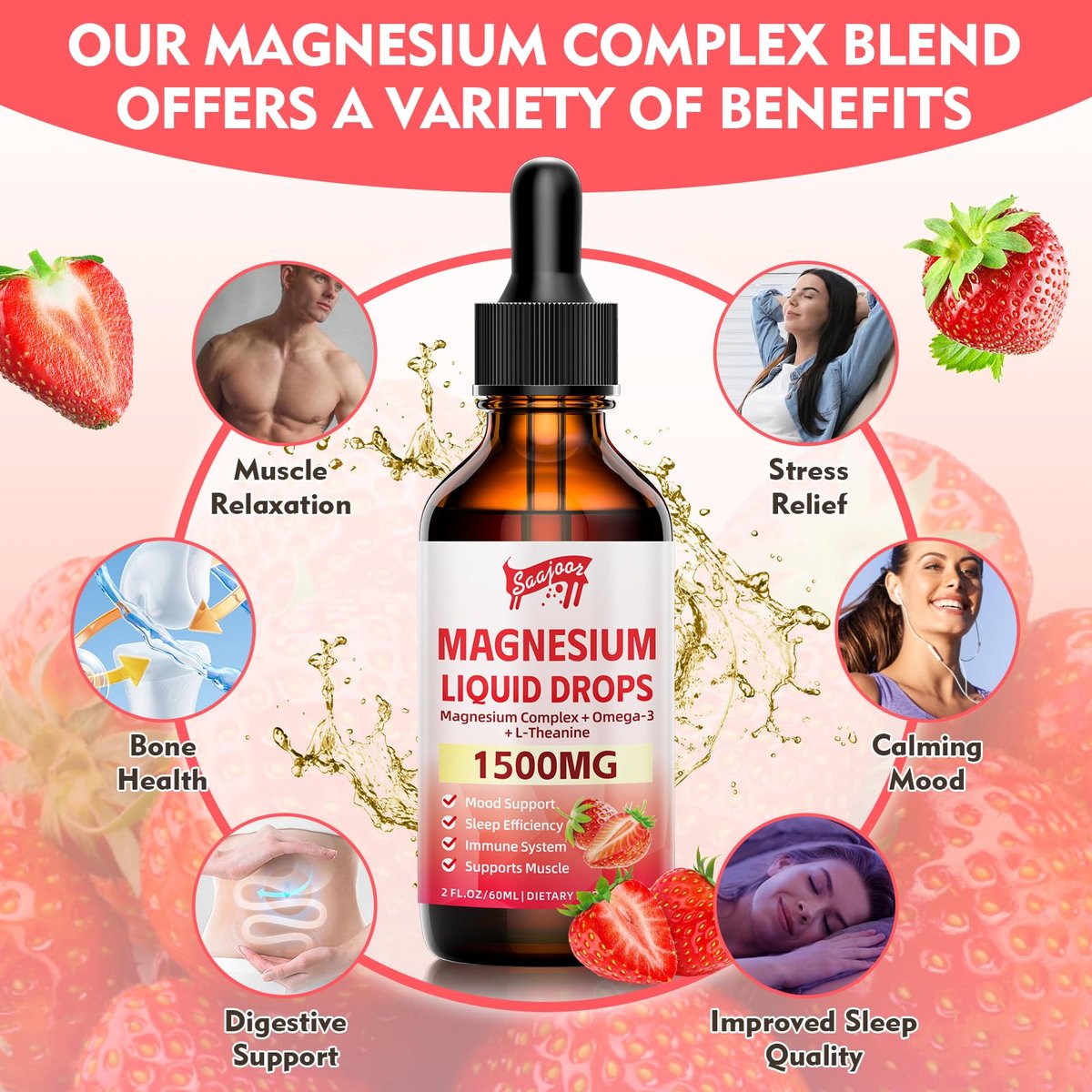 Magnesium Glycinat Flüssig, 1500mg Magnesium flüssiges Supplement mit Vitamin B6, D3, L-Theanin, Omega3, Unterstützt Nacht, Muskeln, Knochen, Stimmung, Erdbeergeschmack - 60 ml Flasche
