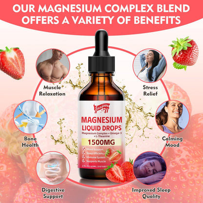 Magnesium Glycinat Flüssig, 1500mg Magnesium flüssiges Supplement mit Vitamin B6, D3, L-Theanin, Omega3, Unterstützt Nacht, Muskeln, Knochen, Stimmung, Erdbeergeschmack - 60 ml Flasche