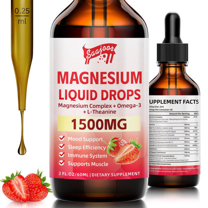 Magnesium Glycinat Flüssig, 1500mg Magnesium flüssiges Supplement mit Vitamin B6, D3, L-Theanin, Omega3, Unterstützt Nacht, Muskeln, Knochen, Stimmung, Erdbeergeschmack - 60 ml Flasche