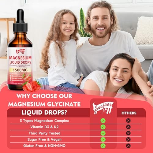 Magnesium Glycinat Flüssig, 1500mg Magnesium flüssiges Supplement mit Vitamin B6, D3, L-Theanin, Omega3, Unterstützt Nacht, Muskeln, Knochen, Stimmung, Erdbeergeschmack - 60 ml Flasche