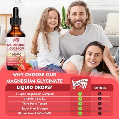 Magnesium Glycinat Flüssig, 1500mg Magnesium flüssiges Supplement mit Vitamin B6, D3, L-Theanin, Omega3, Unterstützt Nacht, Muskeln, Knochen, Stimmung, Erdbeergeschmack - 60 ml Flasche