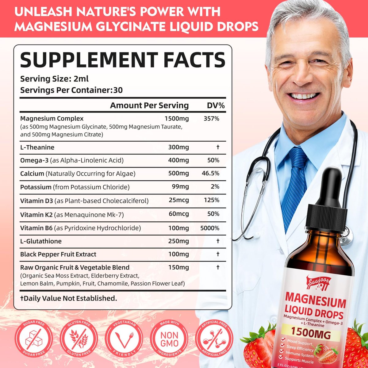 Magnesium Glycinat Flüssig, 1500mg Magnesium flüssiges Supplement mit Vitamin B6, D3, L-Theanin, Omega3, Unterstützt Nacht, Muskeln, Knochen, Stimmung, Erdbeergeschmack - 60 ml Flasche