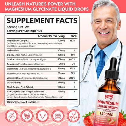 Magnesium Glycinat Flüssig, 1500mg Magnesium flüssiges Supplement mit Vitamin B6, D3, L-Theanin, Omega3, Unterstützt Nacht, Muskeln, Knochen, Stimmung, Erdbeergeschmack - 60 ml Flasche