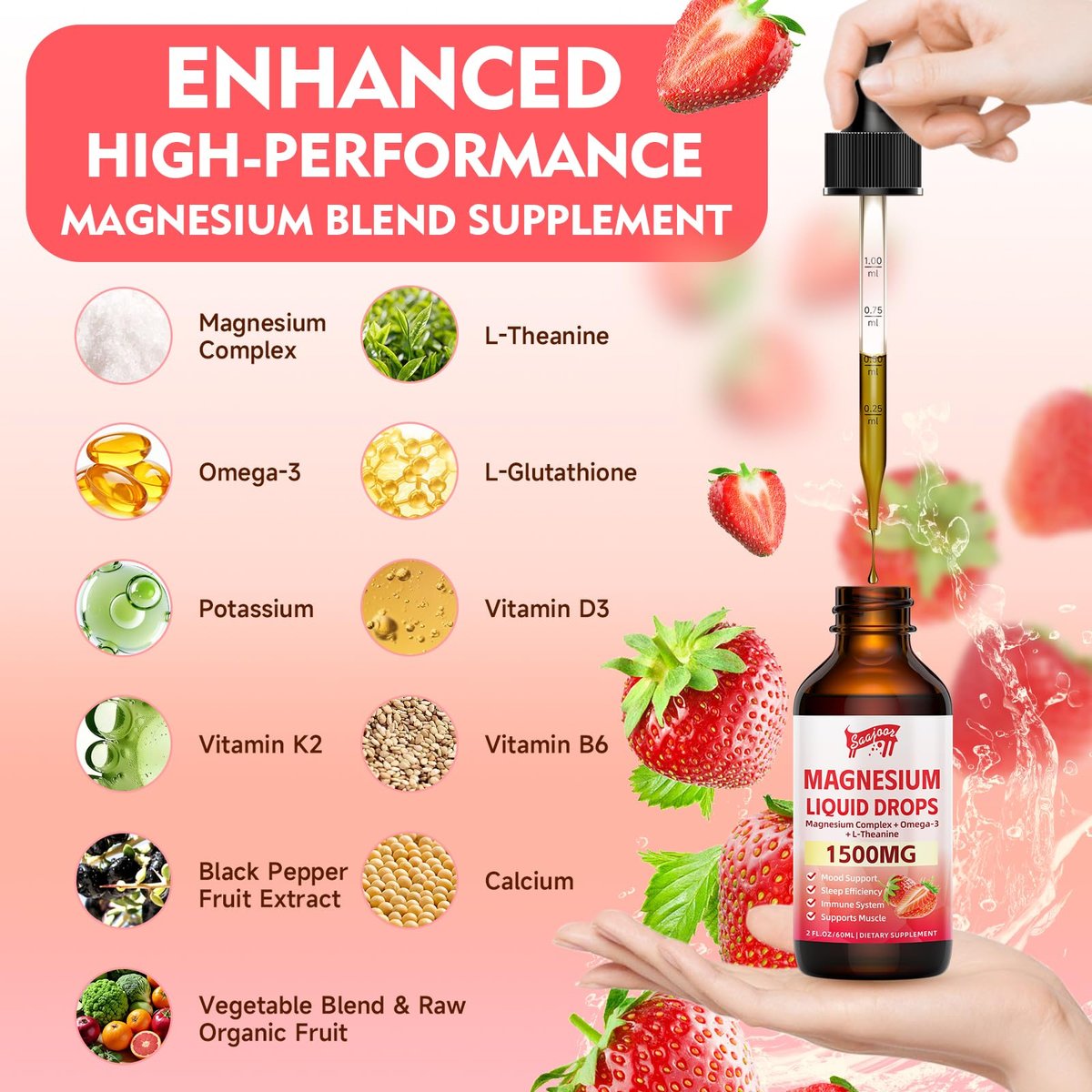 Magnesium Glycinat Flüssig, 1500mg Magnesium flüssiges Supplement mit Vitamin B6, D3, L-Theanin, Omega3, Unterstützt Nacht, Muskeln, Knochen, Stimmung, Erdbeergeschmack - 60 ml Flasche