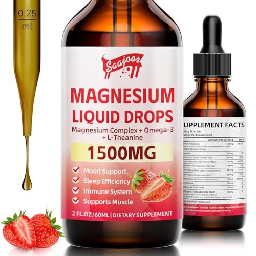 Magnesium Glycinat Flüssig, 1500mg Magnesium flüssiges Supplement mit Vitamin B6, D3, L-Theanin, Omega3, Unterstützt Nacht, Muskeln, Knochen, Stimmung, Erdbeergeschmack - 60 ml Flasche