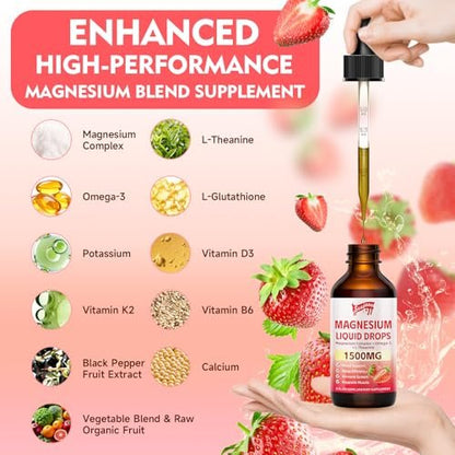Magnesium Glycinat Flüssig, 1500mg Magnesium flüssiges Supplement mit Vitamin B6, D3, L-Theanin, Omega3, Unterstützt Nacht, Muskeln, Knochen, Stimmung, Erdbeergeschmack - 60 ml Flasche