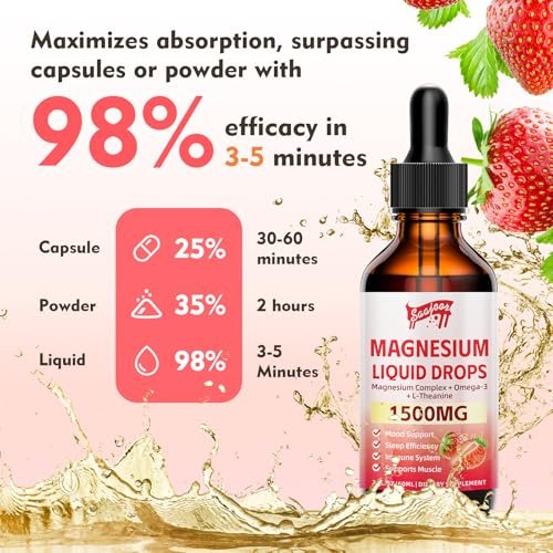 Magnesium Glycinat Flüssig, 1500mg Magnesium flüssiges Supplement mit Vitamin B6, D3, L-Theanin, Omega3, Unterstützt Nacht, Muskeln, Knochen, Stimmung, Erdbeergeschmack - 60 ml Flasche