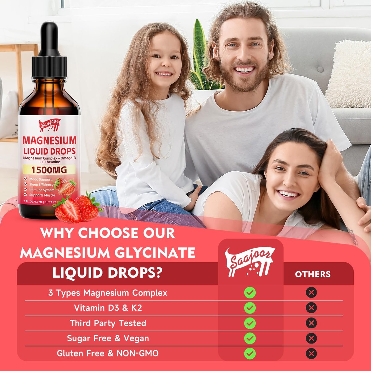 Magnesium Glycinat Flüssig, 1500mg Magnesium flüssiges Supplement mit Vitamin B6, D3, L-Theanin, Omega3, Unterstützt Nacht, Muskeln, Knochen, Stimmung, Erdbeergeschmack - 60 ml Flasche