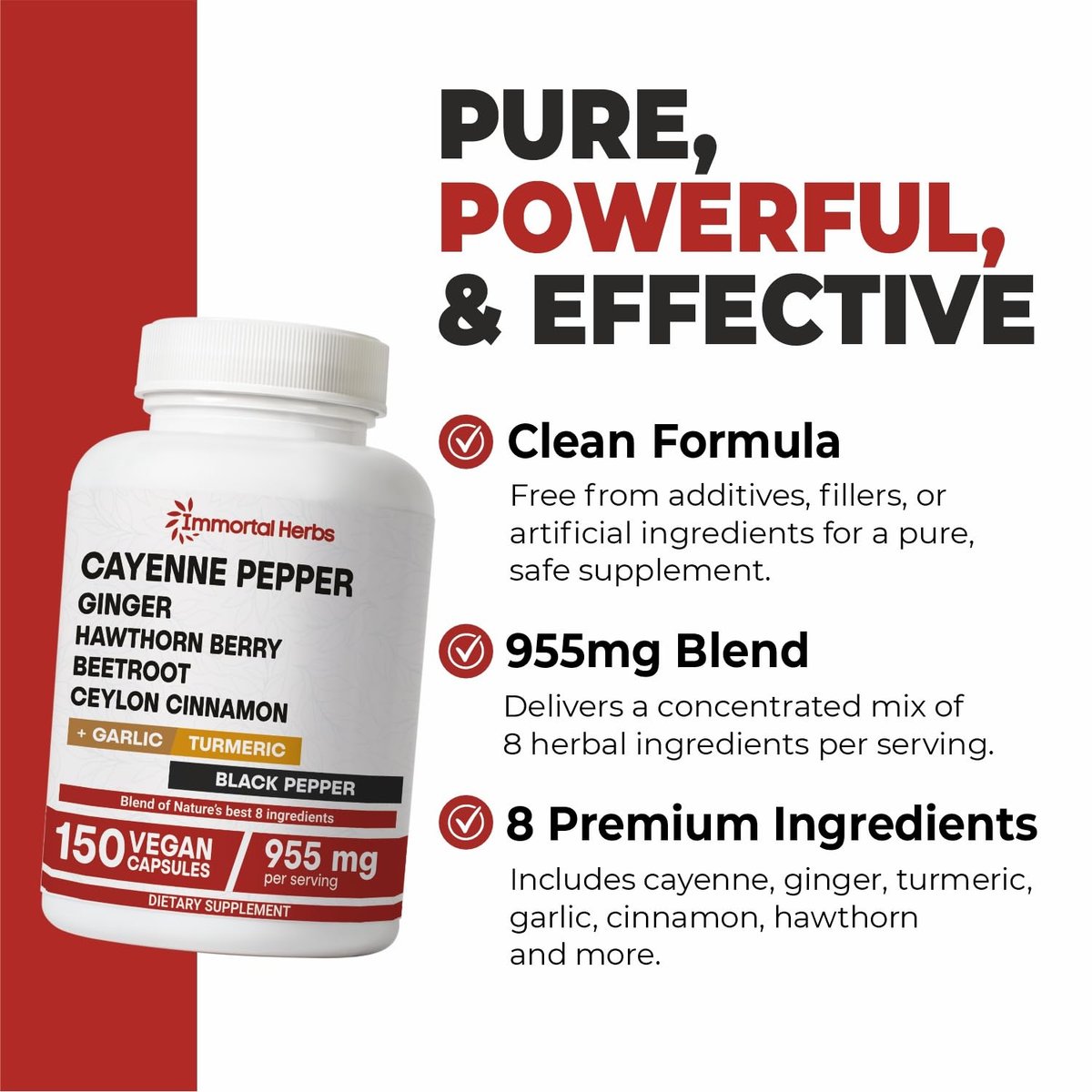 Immortal Herbs Cayenne Kapseln mit Knoblauch, Ingwer, Weißdorn, Kurkuma, Zimt, Rote Bete und Schwarzem Pfeffer Extrakt – 150 Kapseln, Non-GMO & Glutenfrei