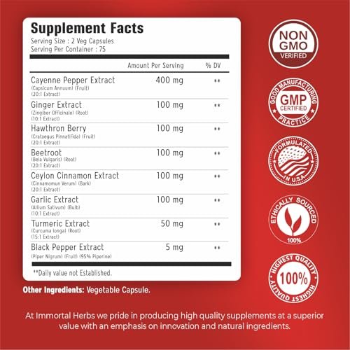 Immortal Herbs Cayenne Kapseln mit Knoblauch, Ingwer, Weißdorn, Kurkuma, Zimt, Rote Bete und Schwarzem Pfeffer Extrakt – 150 Kapseln, Non-GMO & Glutenfrei
