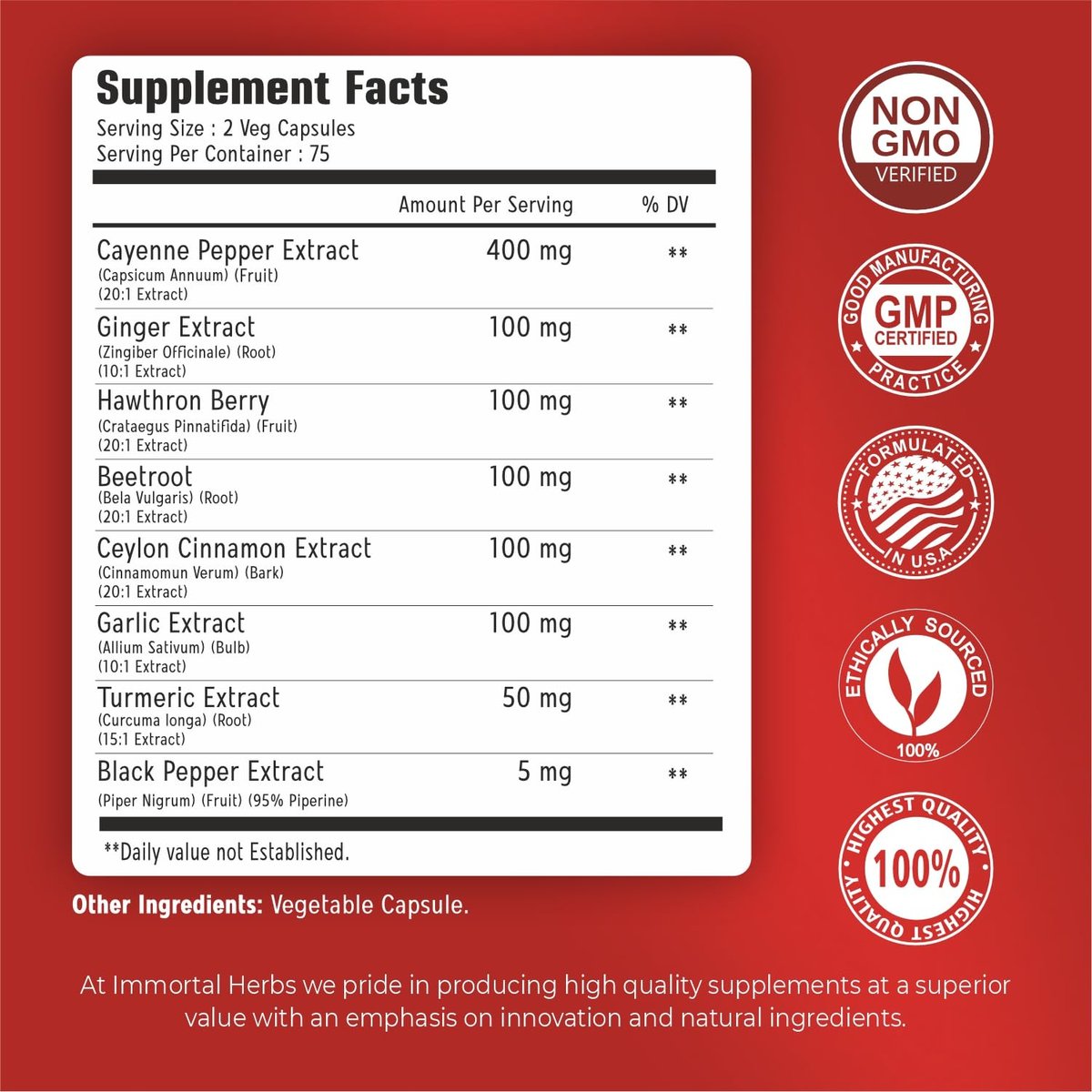 Immortal Herbs Cayenne Kapseln mit Knoblauch, Ingwer, Weißdorn, Kurkuma, Zimt, Rote Bete und Schwarzem Pfeffer Extrakt – 150 Kapseln, Non-GMO & Glutenfrei