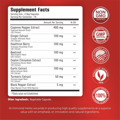 Immortal Herbs Cayenne Kapseln mit Knoblauch, Ingwer, Weißdorn, Kurkuma, Zimt, Rote Bete und Schwarzem Pfeffer Extrakt – 150 Kapseln, Non-GMO & Glutenfrei