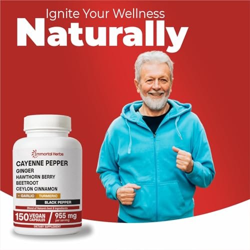 Immortal Herbs Cayenne Kapseln mit Knoblauch, Ingwer, Weißdorn, Kurkuma, Zimt, Rote Bete und Schwarzem Pfeffer Extrakt – 150 Kapseln, Non-GMO & Glutenfrei