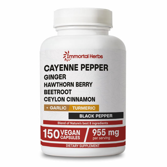 Immortal Herbs Cayenne Kapseln mit Knoblauch, Ingwer, Weißdorn, Kurkuma, Zimt, Rote Bete und Schwarzem Pfeffer Extrakt – 150 Kapseln, Non-GMO & Glutenfrei