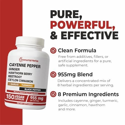 Immortal Herbs Cayenne Kapseln mit Knoblauch, Ingwer, Weißdorn, Kurkuma, Zimt, Rote Bete und Schwarzem Pfeffer Extrakt – 150 Kapseln, Non-GMO & Glutenfrei