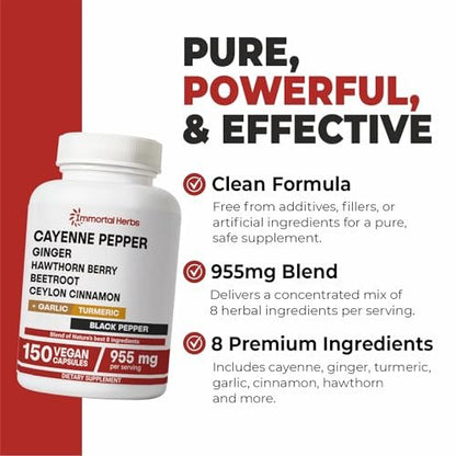 Immortal Herbs Cayenne Kapseln mit Knoblauch, Ingwer, Weißdorn, Kurkuma, Zimt, Rote Bete und Schwarzem Pfeffer Extrakt – 150 Kapseln, Non-GMO & Glutenfrei