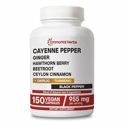Immortal Herbs Cayenne Kapseln mit Knoblauch, Ingwer, Weißdorn, Kurkuma, Zimt, Rote Bete und Schwarzem Pfeffer Extrakt – 150 Kapseln, Non-GMO & Glutenfrei