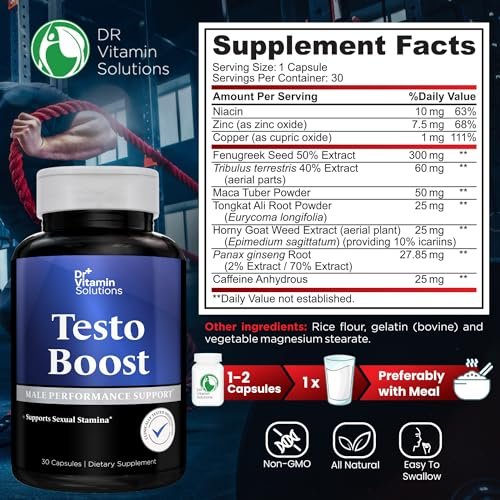 Testosteron-Booster für Männer – Tongkat Ali, Energie, Ausdauer & Libido-Unterstützung – Bockshornklee, Tribulus, Fenugreek, Maca – Muskelkraft & Ausdauer – Non-GMO – 30 Kapseln, 1 Monatsvorrat