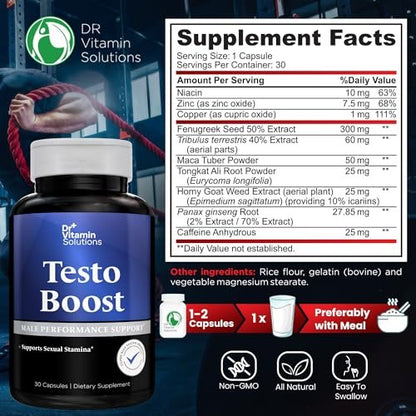 Testosteron-Booster für Männer – Tongkat Ali, Energie, Ausdauer & Libido-Unterstützung – Bockshornklee, Tribulus, Fenugreek, Maca – Muskelkraft & Ausdauer – Non-GMO – 30 Kapseln, 1 Monatsvorrat