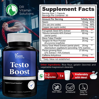 Testosteron-Booster für Männer – Tongkat Ali, Energie, Ausdauer & Libido-Unterstützung – Bockshornklee, Tribulus, Fenugreek, Maca – Muskelkraft & Ausdauer – Non-GMO – 30 Kapseln, 1 Monatsvorrat