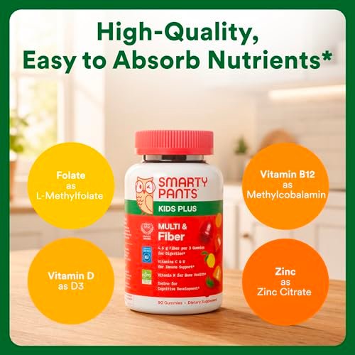 SmartyPants Kinder Multivitamin & Ballaststoff-Gummis mit Präbiotikum zur Unterstützung der Verdauung, Vitamin D3, C, B12, B6, A, Zink, Biotin, Folsäure, drei Fruchtgeschmacksrichtungen, 90 Stück (30-Tage-Vorrat)