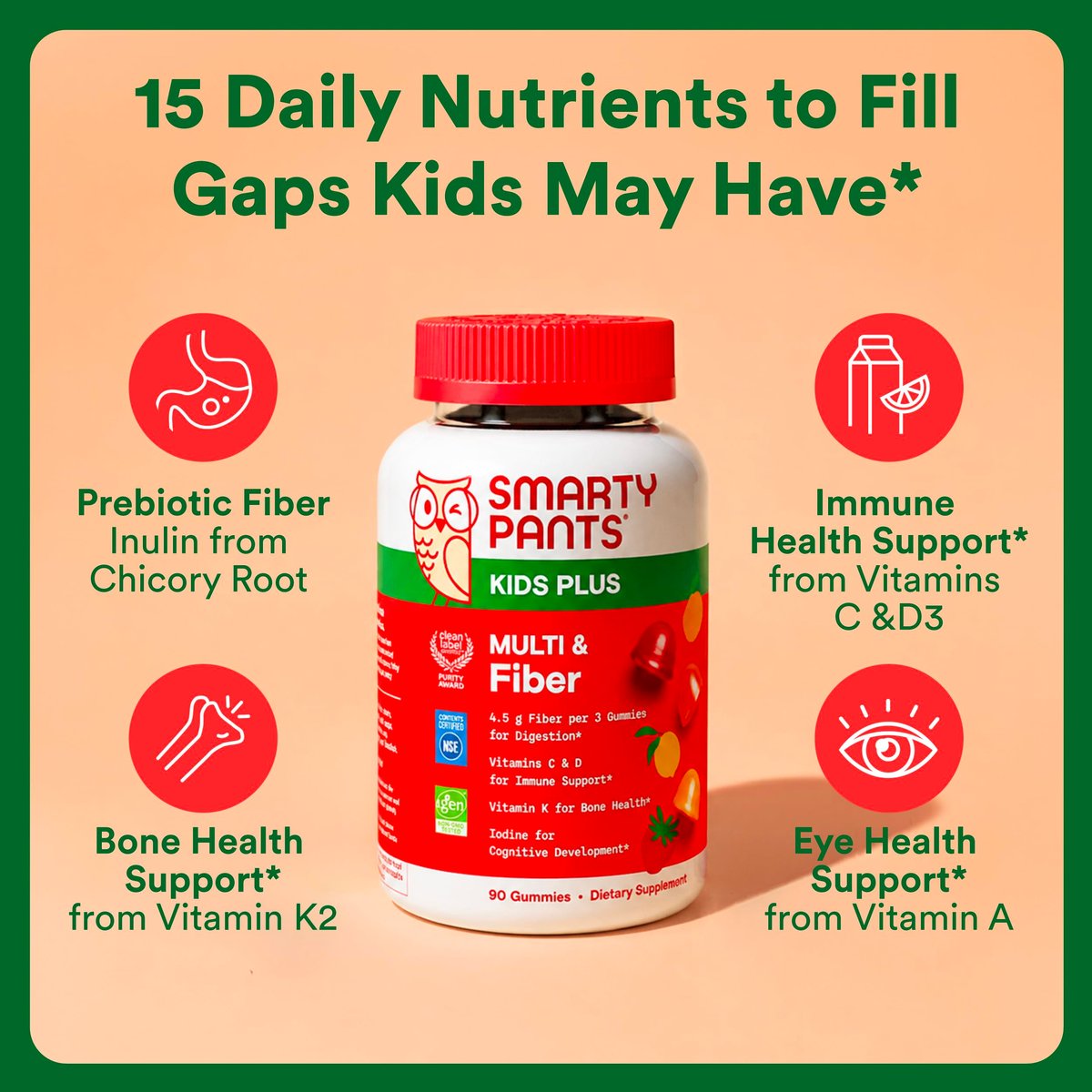 SmartyPants Kinder Multivitamin & Ballaststoff-Gummis mit Präbiotikum zur Unterstützung der Verdauung, Vitamin D3, C, B12, B6, A, Zink, Biotin, Folsäure, drei Fruchtgeschmacksrichtungen, 90 Stück (30-Tage-Vorrat)