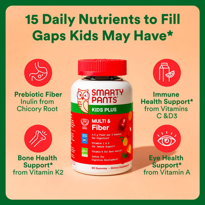 SmartyPants Kinder Multivitamin & Ballaststoff-Gummis mit Präbiotikum zur Unterstützung der Verdauung, Vitamin D3, C, B12, B6, A, Zink, Biotin, Folsäure, drei Fruchtgeschmacksrichtungen, 90 Stück (30-Tage-Vorrat)
