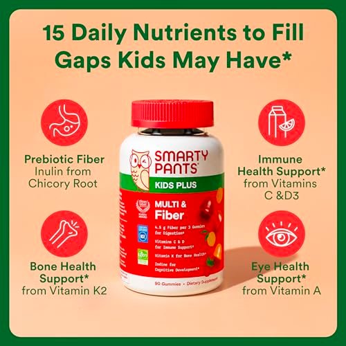 SmartyPants Kinder Multivitamin & Ballaststoff-Gummis mit Präbiotikum zur Unterstützung der Verdauung, Vitamin D3, C, B12, B6, A, Zink, Biotin, Folsäure, drei Fruchtgeschmacksrichtungen, 90 Stück (30-Tage-Vorrat)