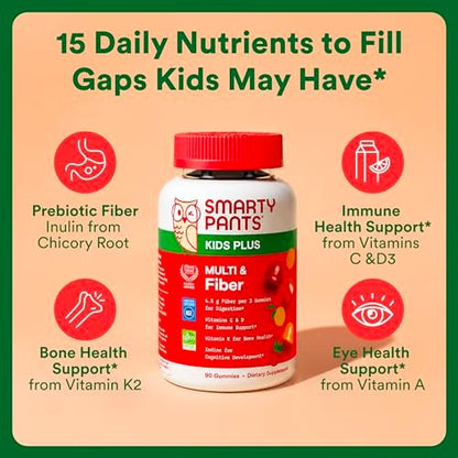 SmartyPants Kinder Multivitamin & Ballaststoff-Gummis mit Präbiotikum zur Unterstützung der Verdauung, Vitamin D3, C, B12, B6, A, Zink, Biotin, Folsäure, drei Fruchtgeschmacksrichtungen, 90 Stück (30-Tage-Vorrat)