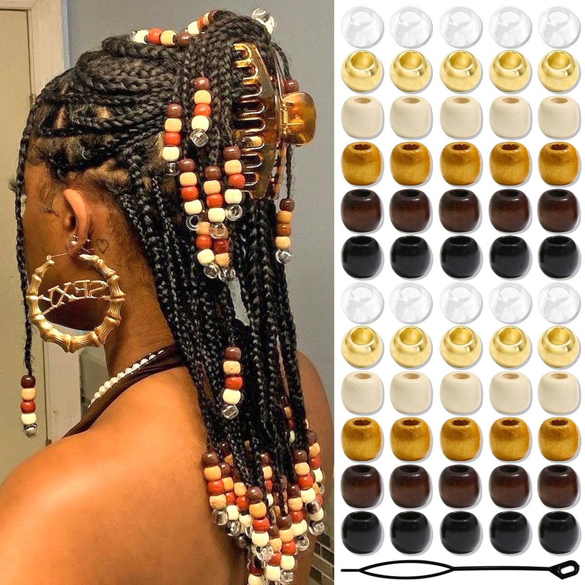 NAISKA 60-teilige Holz-Haarkugeln für Zöpfe – 6 Farben, Haarperlen für Braids, Locs, Dreadlocks, Haarschmuck, DIY-Schmuck-Set, Zopfklammern für Frauen und Männer
