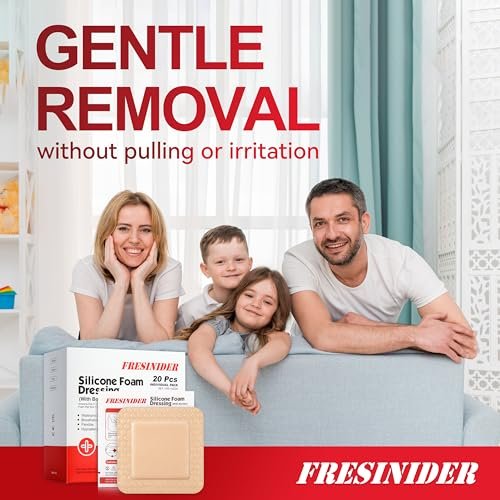 FRESINIDER Silikon-Schaumstoffverband mit Kleberand – Wundverband – Silikon-Schaumstoff-Pad – 20er-Pack – 3 x 3 Zoll große wasserdichte Bandagen – Selbstklebende Wundversorgung und Verbände