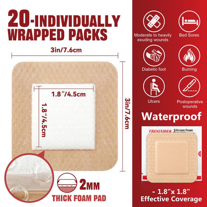 FRESINIDER Silikon-Schaumstoffverband mit Kleberand – Wundverband – Silikon-Schaumstoff-Pad – 20er-Pack – 3 x 3 Zoll große wasserdichte Bandagen – Selbstklebende Wundversorgung und Verbände