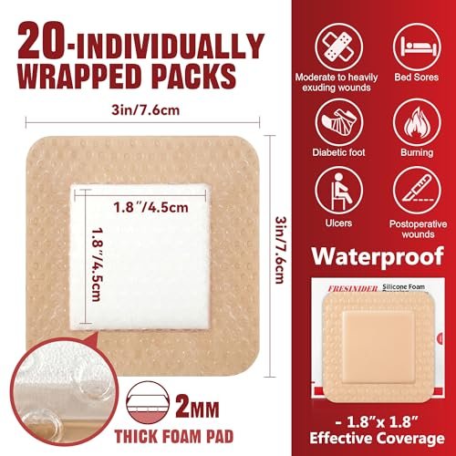 FRESINIDER Silikon-Schaumstoffverband mit Kleberand – Wundverband – Silikon-Schaumstoff-Pad – 20er-Pack – 3 x 3 Zoll große wasserdichte Bandagen – Selbstklebende Wundversorgung und Verbände