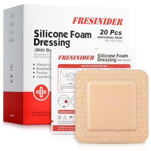 FRESINIDER Silikon-Schaumstoffverband mit Kleberand – Wundverband – Silikon-Schaumstoff-Pad – 20er-Pack – 3 x 3 Zoll große wasserdichte Bandagen – Selbstklebende Wundversorgung und Verbände