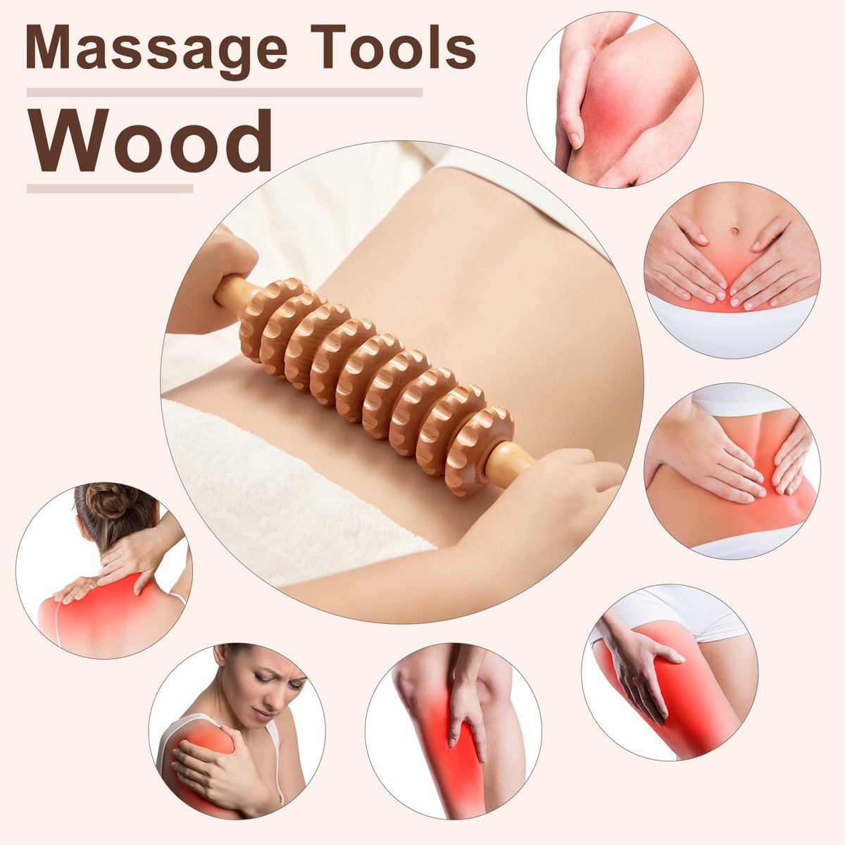 Xokocli Cellulite Massage Tool – Wood Therapie Massagegerät Körperroller Cellulite Roller Faszien Blaster Lymphdrainage Massager für Beine Oberschenkel Muskel Schmerzlinderung (Weiß, 9-Rollen)