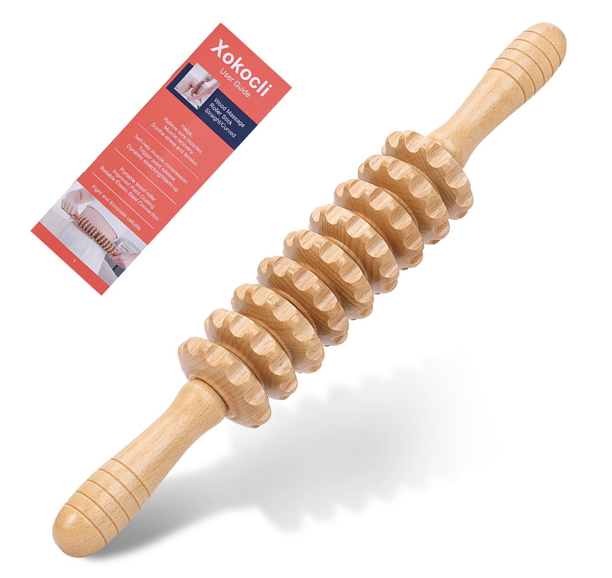 Xokocli Cellulite Massage Tool – Wood Therapie Massagegerät Körperroller Cellulite Roller Faszien Blaster Lymphdrainage Massager für Beine Oberschenkel Muskel Schmerzlinderung (Weiß, 9-Rollen)