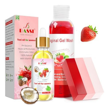 Feminine Wash, Yoni Oil & Yoni Seifen Set für Frauen – Yoni Waschung für vaginales pH-Gleichgewicht und Geruchsbeseitigung – 30 ml feuchtigkeitsspendendes Yoni-Öl, 150 ml Duschgel & 100 g Seifenstück
