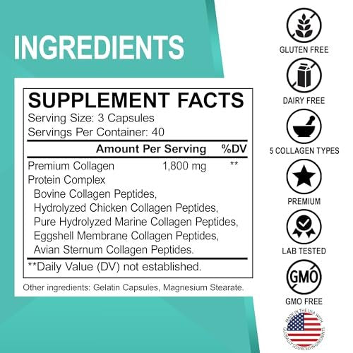 Multi-Kollagen-Peptide für Frauen & Männer – Typ I, II, III, V & X – Hydrolysierte Kollagenkapseln für Haut, Haare & Nägel – 120 Protein-Kapseln