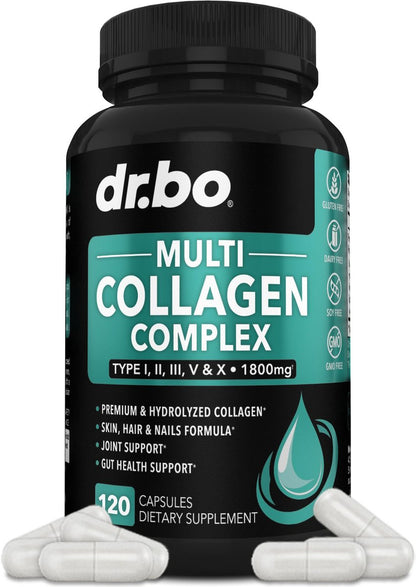 Multi-Kollagen-Peptide für Frauen & Männer – Typ I, II, III, V & X – Hydrolysierte Kollagenkapseln für Haut, Haare & Nägel – 120 Protein-Kapseln