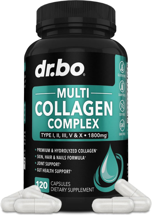 Multi-Kollagen-Peptide für Frauen & Männer – Typ I, II, III, V & X – Hydrolysierte Kollagenkapseln für Haut, Haare & Nägel – 120 Protein-Kapseln