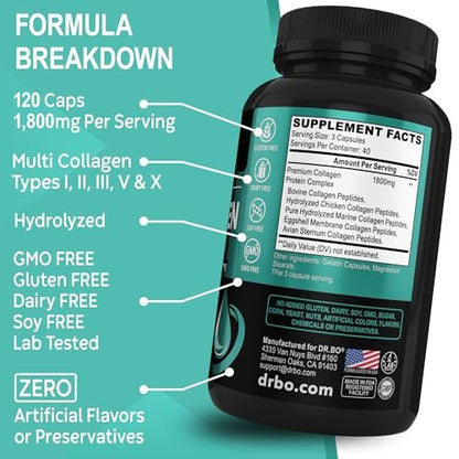 Multi-Kollagen-Peptide für Frauen & Männer – Typ I, II, III, V & X – Hydrolysierte Kollagenkapseln für Haut, Haare & Nägel – 120 Protein-Kapseln