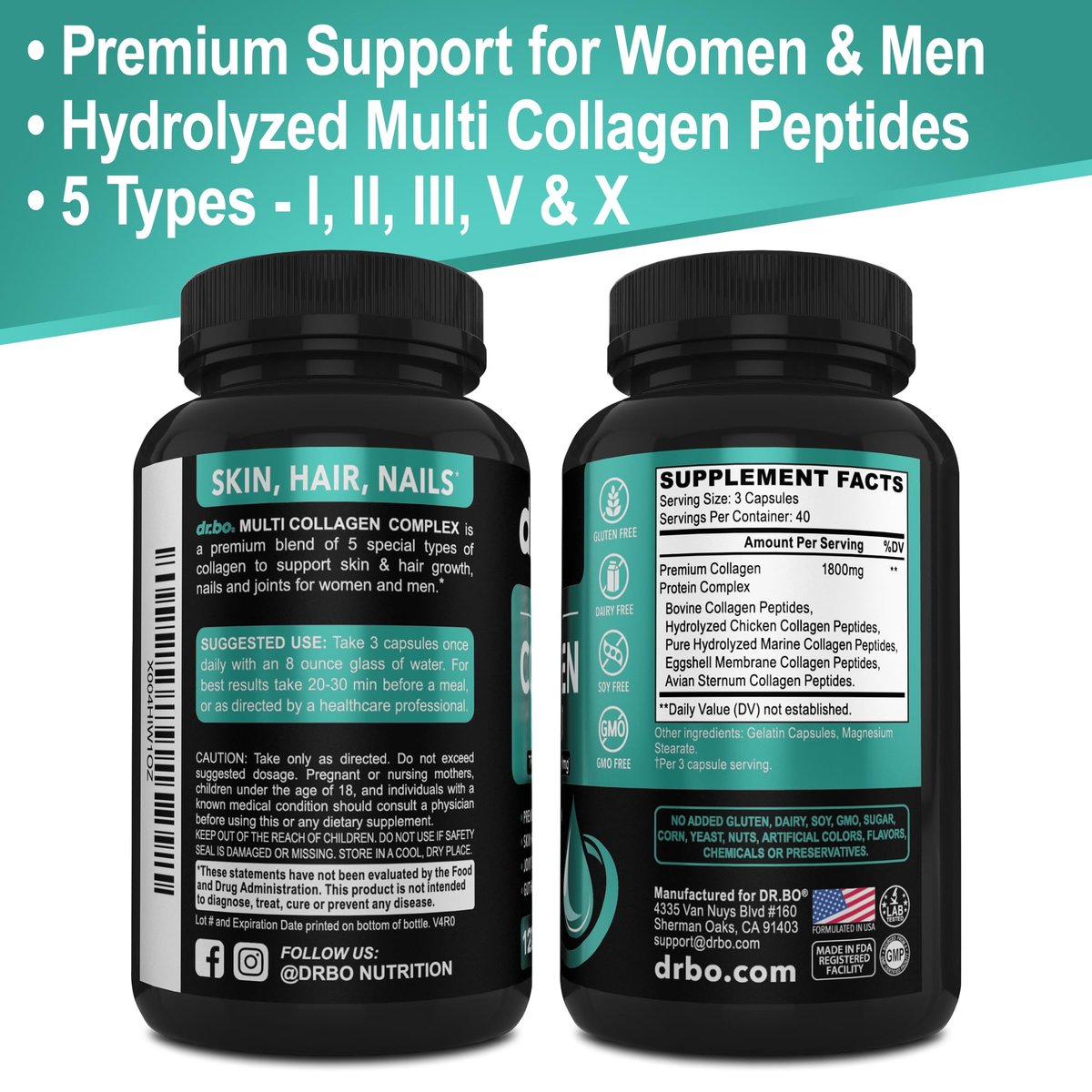 Multi-Kollagen-Peptide für Frauen & Männer – Typ I, II, III, V & X – Hydrolysierte Kollagenkapseln für Haut, Haare & Nägel – 120 Protein-Kapseln