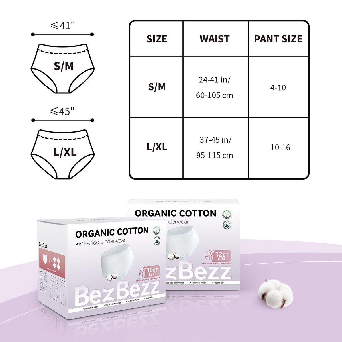 Bio-Baumwoll-Einweg-Damenbinden für sensible Haut, Wochenbettwindeln, Inkontinenzeinlagen, 360° auslaufsicher, für starke Menstruation über Nacht, Größe L/XL, 10 Stück